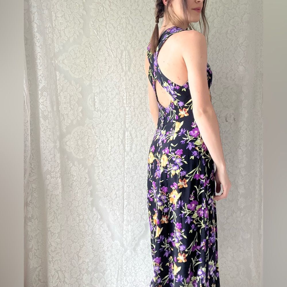 Vintage 80s All That Jazz Black Floral Midi Dress Crisscross Back Size 7/8 - Picture 10 of 16
